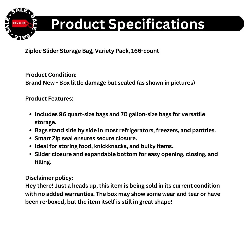 Ziploc Slider Variety Pack 166‑Count (96 Qt + 70 Gal) Food Storage Bags USA